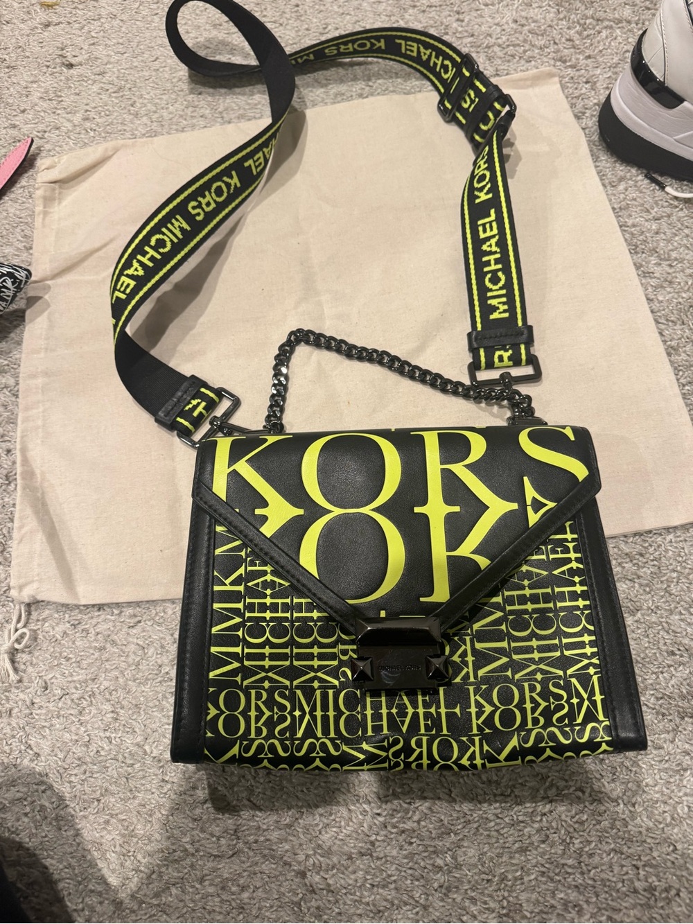 Michael Kors Black and Neon Yellow Logo Crossbody Bag